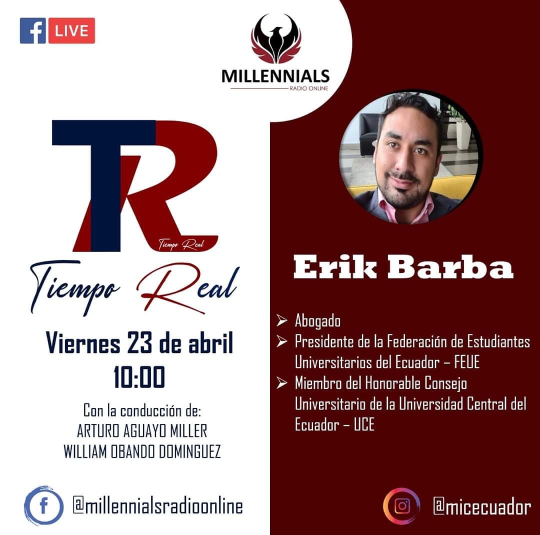 FEUE NACIONAL (@feueec) on Twitter photo #Entrevista
#feuenacionaloficial
🟢Te invitamos a escuchar la entrevista del Presidente de la FEUE NACIONAL, <a href="/BarbaErik/">Erik Barba</a> través de Millenials Radio Online facebook.com/millennialsrad… el día de Hot viernes 23 de abril a las 10h00 para hablar sobre la postura del Consejo Nacional #Entrevista
#feuenacionaloficial
🟢Te invitamos a escuchar la entrevista del Presidente de la FEUE NACIONAL, <a href="/BarbaErik/">Erik Barba</a> través de Millenials Radio Online facebook.com/millennialsrad… el día de Hot viernes 23 de abril a las 10h00 para hablar sobre la postura del Consejo Nacional