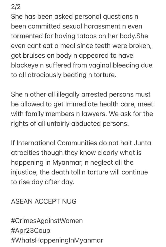 How have Military terrorists been torturing female pro-democracy activist at interrogation camp?

ASEAN ACCEPT NUG

#CrimesAgainstWomen
#Apr23Coup 
#WhatsHappeningInMyanmar