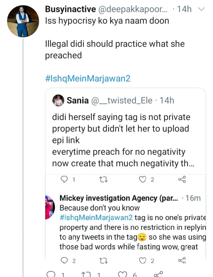 'Hypocrisy' & 'illegal didi'  @deepakkapoor149 but now I am really confused about fasting as I thought it to be not just giving up food& apologize yeah I should 4 breaking her roza magar konsi tweet ke vajese  @Teju0806  @Rra_Anushka yeah &not human haina  #IshqMeinMarjawan2