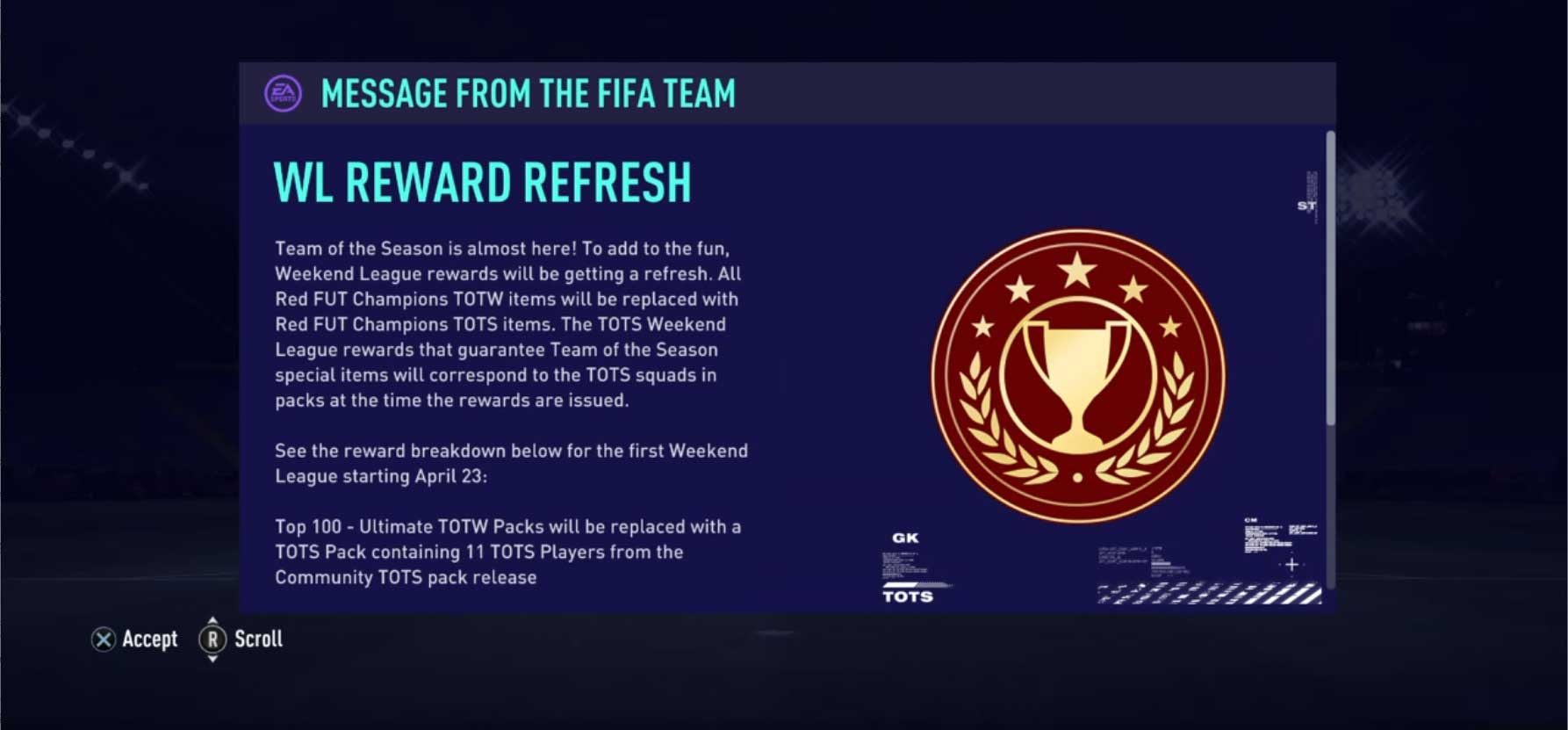 FIFAUTeam on Twitter: "Weekend League rewards were ✔️ TOTW replaced TOTS on Red Player and Ultimate/Premium Packs ✔️ Silver 2/3 Player Picks are now capped at 88 OVR ✔️