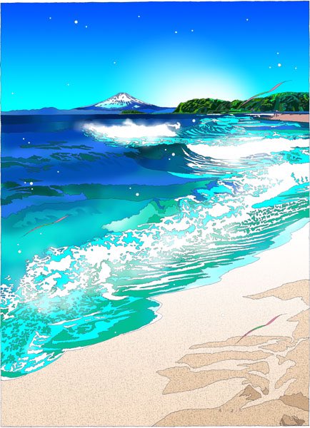 版画 ハーフマイル ビーチ 梅雨を迎える前に 五月晴れの富士を拝みたい H 鈴木英人事務所のイラスト