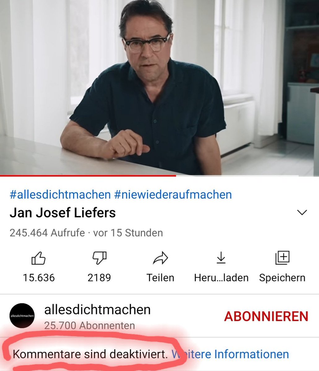 RaykAnders's tweet image. Super überzeugend, wie im Video von #janjosefliefers angeklagt wird, dass kein offener, kritischer Diskurs möglich sei, aber dann GLEICHZEITIG die Kommentare zum eigenen Video deaktiviert sind.
#allesdichtmachen 🤡