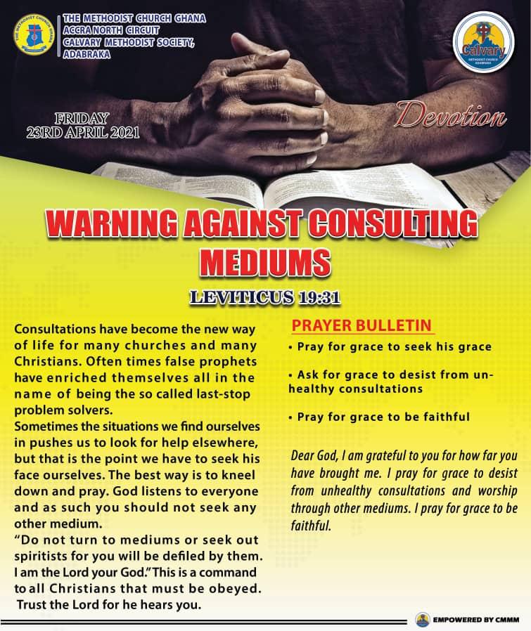 CalvaryAdabraka's tweet photo. Morning Devotion
Theme: Warning Against Consulting Mediums
Text: Leviticus 19:31 https://t.co/aXCx23qHRW