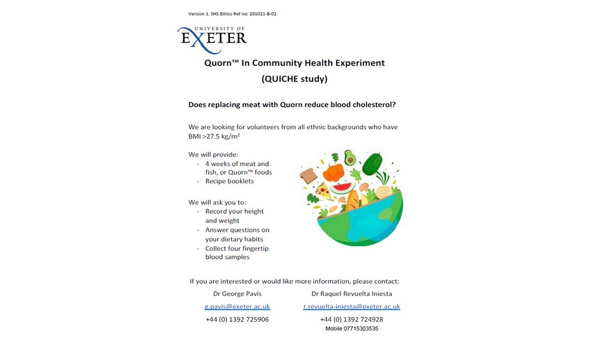 UoE is recruiting volunteers in Devon/Birmingham. If you'd like free Quorn or meat/fish delivered to your home for 4 weeks, health checks without the need to attend in person (all virtual or phone) or are interested in science, get in touch with us. See contact details below:
