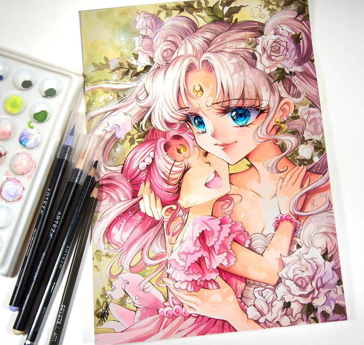 Nashi Watercolor Ink Airbrush Work 可愛い マンガ ピンク 美少女戦士セーラームーン 描 お絵かき アニメ 水彩絵の具