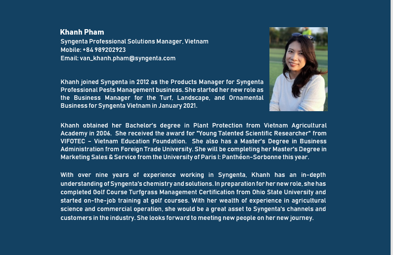 SyngentaTLAsia's tweet photo. Meet KHANH from Syngenta, Vietnam. She is now the Professional Solutions Manager for Turf &amp; Landscape. She looks forward to meeting new people in her new role. https://t.co/iouVmlEGR5