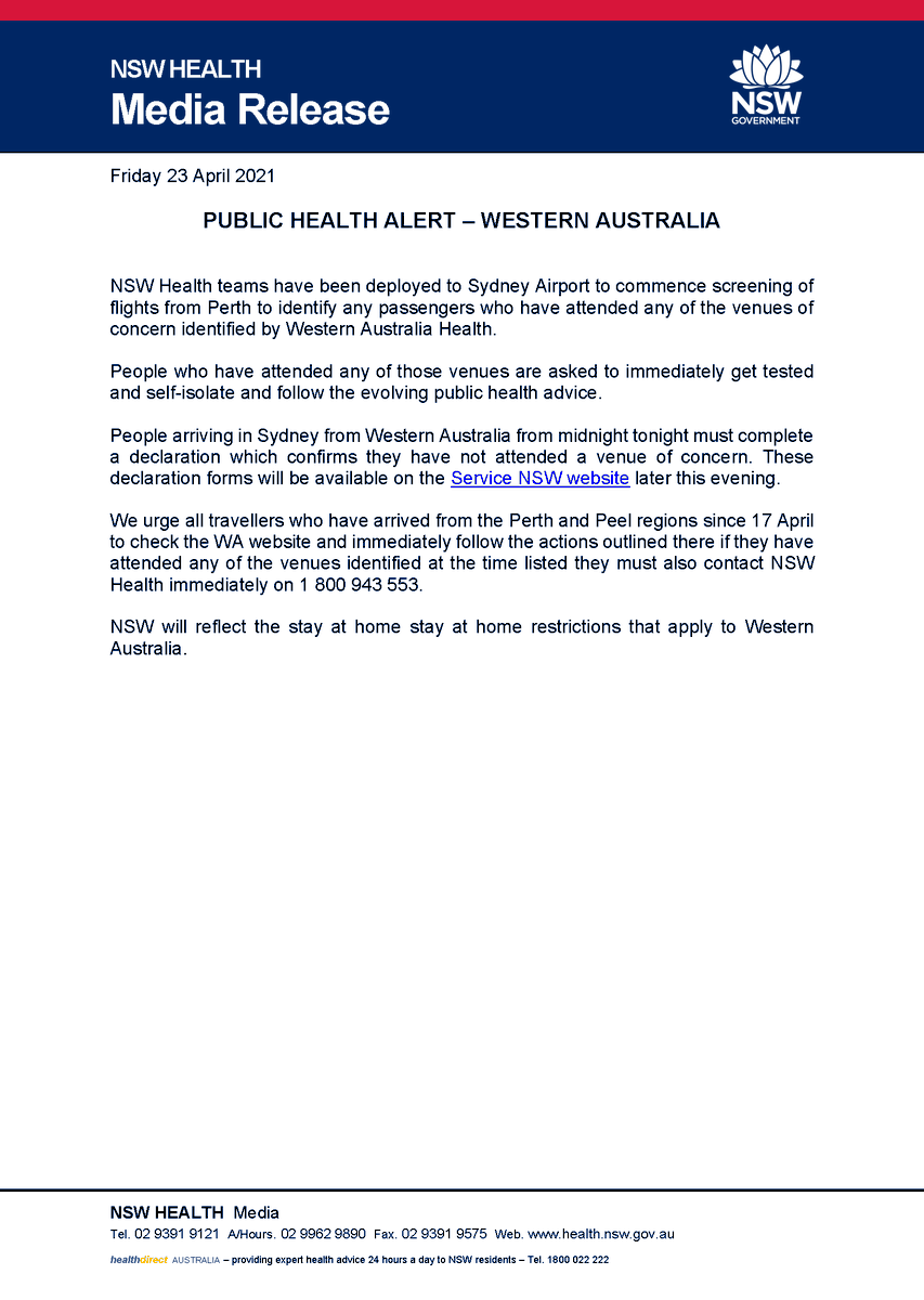 NSWHealth's tweet image. ⚠️PUBLIC HEALTH ALERT – WESTERN AUSTRALIA⚠️

NSW Health teams have been deployed to Sydney Airport to commence screening of flights from Perth to identify any passengers who have attended any of the venues of concern identified by Western Australia Health.