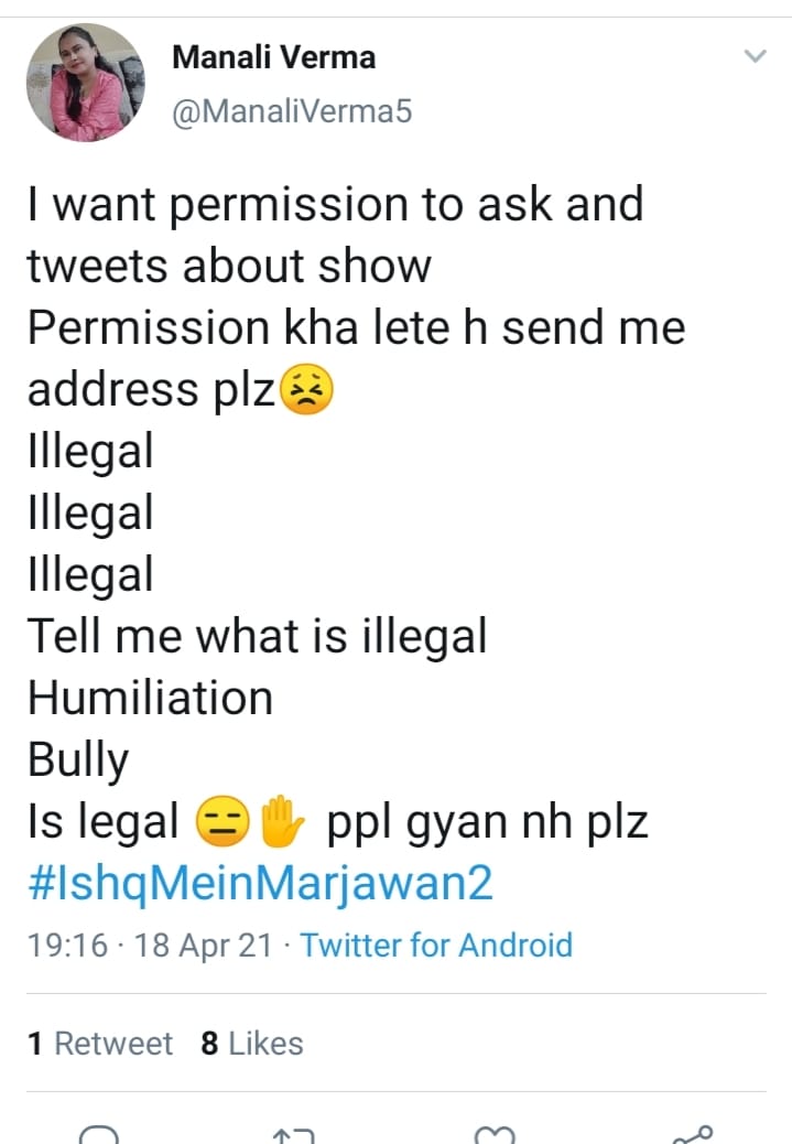  @ManaliVerma5 Manali aunty I give you permission you can post anything and could you please tell this 'extreme' your spelling was wrong but still I got it right  @Sneha86134915 ha kya kare ab kuch log case file kar rahi thina toh hum sab kese bachegi. police  #IshqMeinMarjawan2