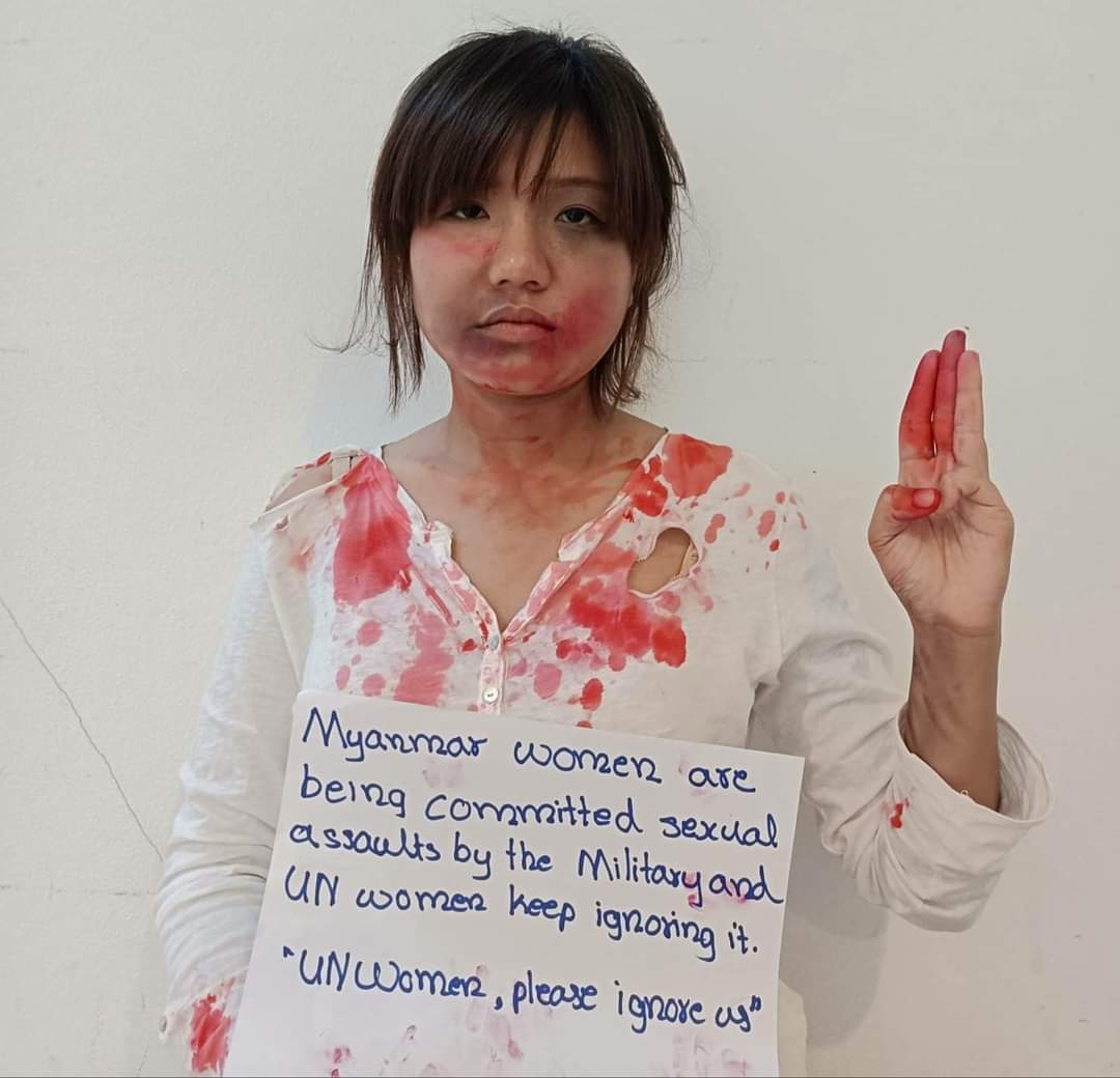 Sry22691027's tweet photo. @UN_Women @UNinMyanmar @UN Myanmar women are being committed sexual assaults by the Military and UN women keep ignoring it. 
" UN women, please ignore us"

#RejectMyanmarMilitaryCoup 
#UNWomen 
#WhatsHappeniningInMyanmar https://t.co/MeMbK3Td9S