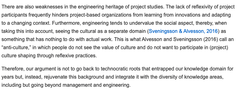 Nice editorial in <a href="/PMJ_editors/">Project Management Journal</a> special issue.
<a href="/BonanomiM/">Marcella Bonanomi</a> &amp; I were happy to add our ideas (journals.sagepub.com/doi/full/10.11…) to this "engineering heritage" in project organizing. 
TY to guest editors for pointing out strengths and weaknesses of engineering perspective to project management