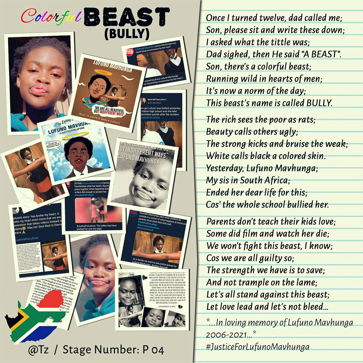 TGzConcepts's tweet photo. I entered a Poetry Competition so I could tell about Lufuno.

P 04 COLORFUL BEAST (BULLY)...

https://t.co/gwQpr3Mqmn

@pregnantpoems #pregnantpoems #ppc2.0 #ppc2021
.
Please vote for me by liking, commenting, reposting and following @pregnantpoems

Thank you.

#JusticeForLufuno https://t.co/zm7eOXPwrE