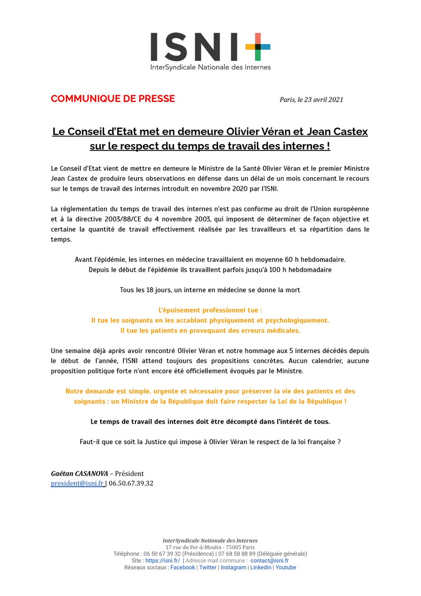 #ProtegeTonInterne - CdP | Le <a href="/Conseil_Etat/">Conseil d'État</a> vient de mettre en demeure <a href="/olivierveran/">Olivier Véran</a> et <a href="/JeanCASTEX/">Jean Castex</a> de produire leurs observations en défense d'ici 1 mois concernant notre recours déposé en nov 2020 sur le temps de travail des internes. 
Notre seule revendication : la Loi.