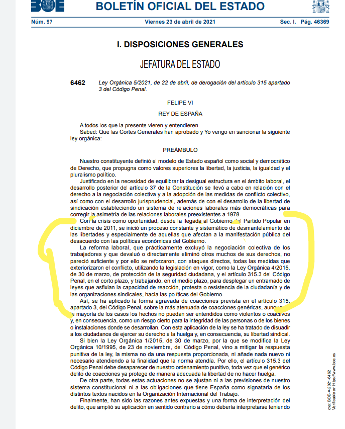Bien, pues el BOE de hoy publica la LO 5/21,  que suprime el apartado 3 del 315 CP. Me llama muchísimo la atención el Preámbulo. No me parece propio de un boletín oficial.