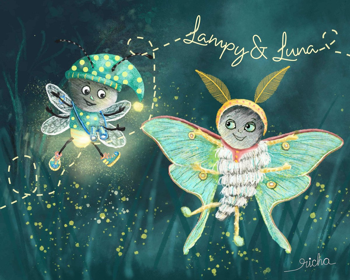 So I have revised my #firefly character Lampy to a more realistic version, closer to my usual style and also added #Lunamoth. My love for moths only deepens.

 #picturebooks #childrenbookillustrations #mothsandbutterflies