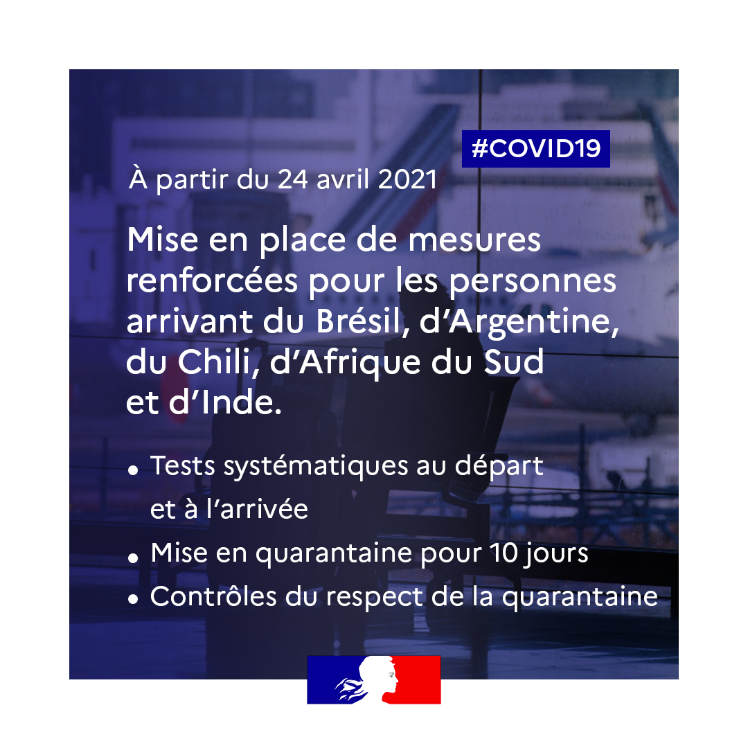 gouvernementFR's tweet photo. #COVID19 | À compter d'aujourd'hui, des mesures renforcées sont mises en place pour les personnes arrivant du Brésil, d'Argentine, du Chili, d'Afrique du Sud et d'Inde. ⤵️

Pour en savoir plus : https://t.co/9x5uLdexF1 https://t.co/tQJp72Qupl