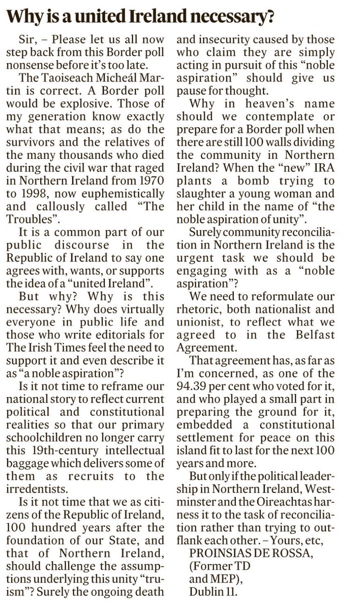 Lots of hard work &amp; endeavour required along the road to peace &amp; reconciliation before any Border poll should be contemplated. Legitimate question posed here by Proinsias de Rossa in today’s <a href="/IrishTimes/">The Irish Times</a>