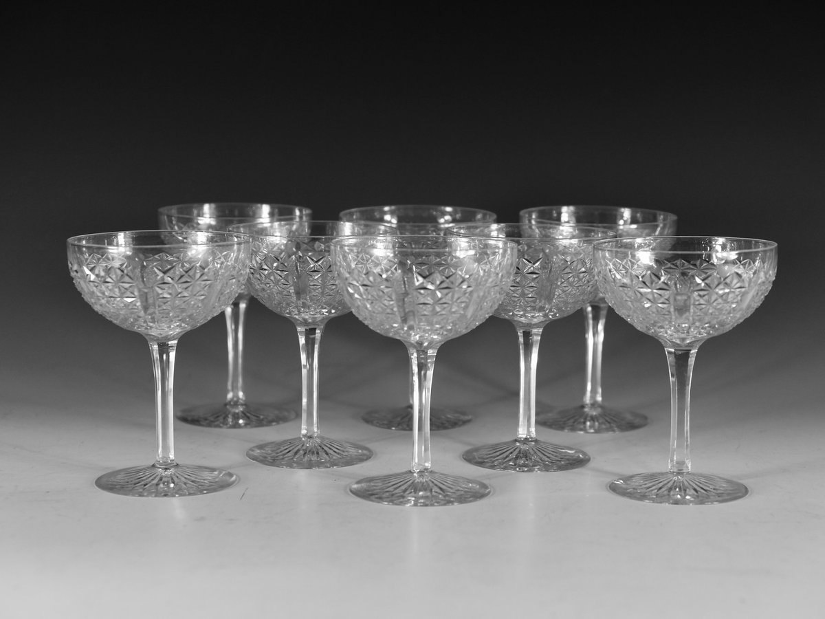 MarrisRobert's tweet photo. Fine set of eight champagne glasses English c1890 #cutglass #antiqueglass #englishglass #19thcenturyglass #champagne #tableglass #forsale #marrisantiques #bada https://t.co/TklJccWqRp