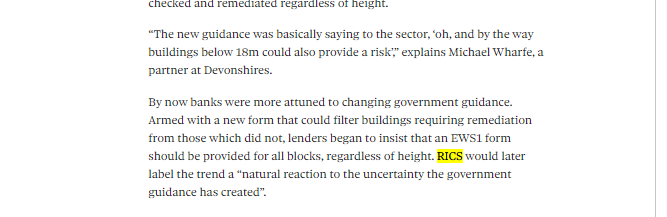 2. The communication between RICS and the gov has been poor at best.Just weeks after RICS announced its EWS plan for buildings >18m, the government published its consolidated advice note which brought buildings <18m into scope.RICS seemed completely blindsided by this