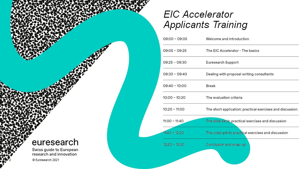 Are you preparing the short application for the #eicaccelerator programme? Then do not miss our Euresearch upcoming #training on how to prepare a successful EIC Accelerator short proposal!

May 6️⃣ at 9.00: euresearch.ch/en/our-service…

#horizoneurope #europeanfunding #NCP #switzerland