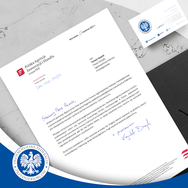 t_szypula's tweet photo. W imieniu Prezesa Tomasza Szypuły dziękujemy Panu Prezesowi Krzysztofowi Dryndzie z Polskiej Agencji Inwestycji i Handlu za gratulacje. @PAIH_pl #federacjamsp #msp https://t.co/Q24Ry6R8pl