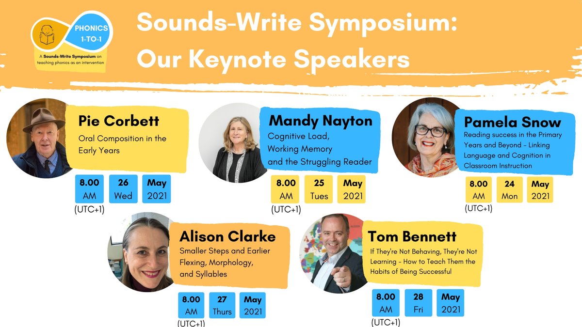 So pleased to announce the Keynote Speakers for the Sounds-Write Symposium! Can't wait to hear from experts <a href="/PieCorbett/">Pie Corbett</a> <a href="/mandynayton/">Mandy Nayton</a> <a href="/PamelaSnow2/">Pamela Snow</a>
 @spelfabet <a href="/tombennett71/">Tom Bennett OBE</a> in their Keynote talks 🤩 
Get your free tickets here ➡️ symposium.sounds-write.co.uk