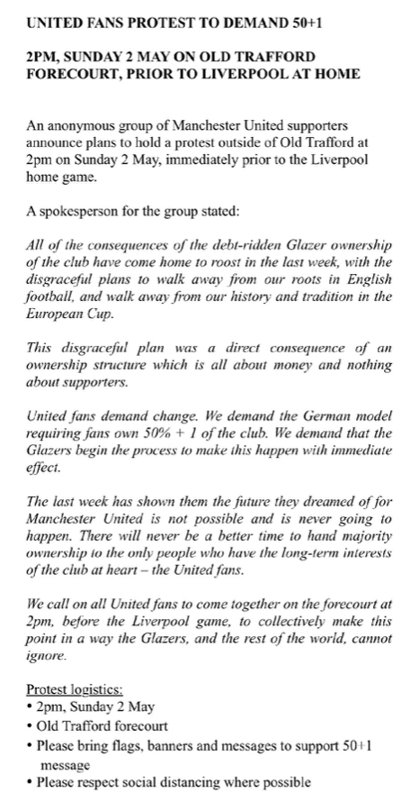 Statement from a group of Manchester United fans about a protest to demand 50+1.