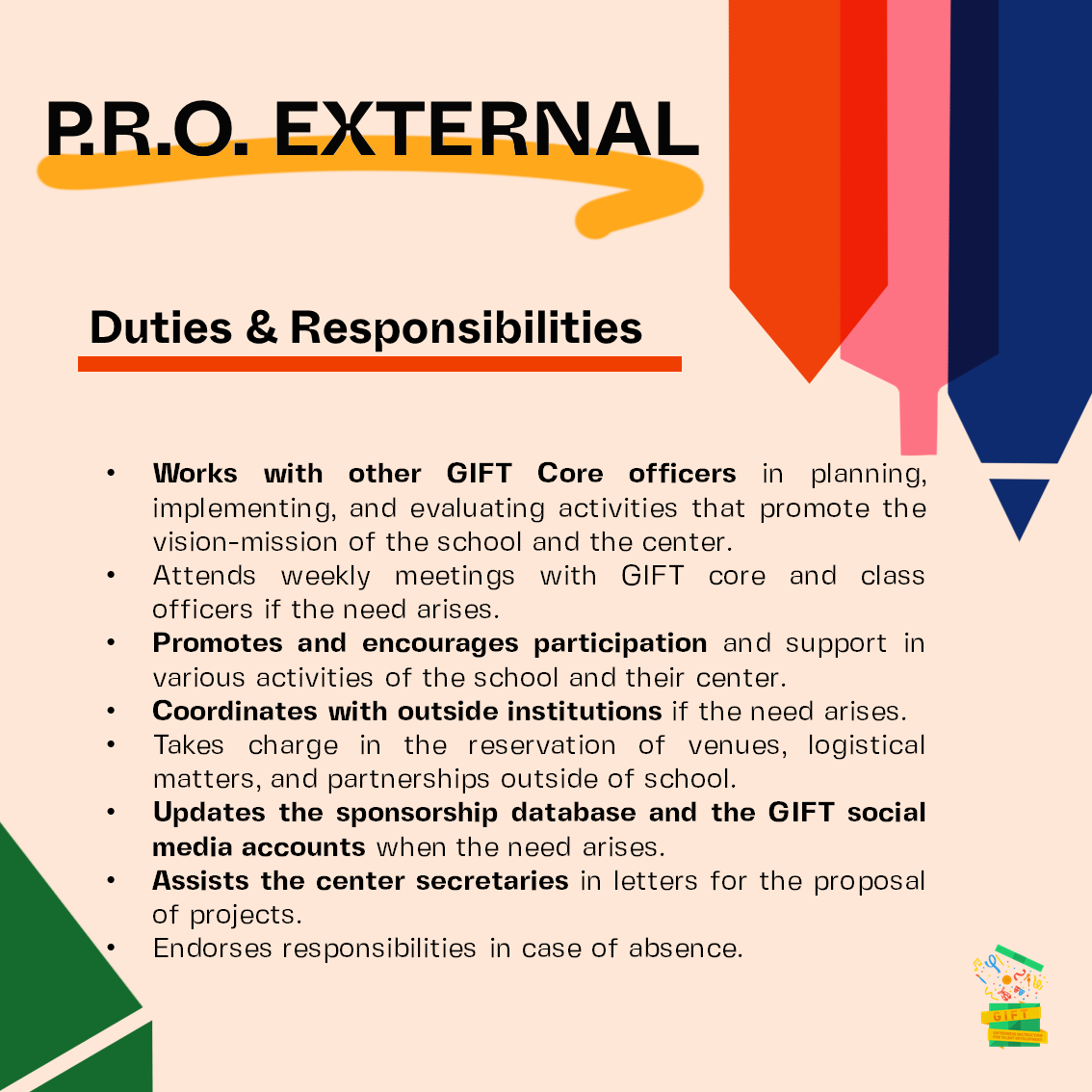 SPCPCulinary's tweet photo. Do you think you are capable of serving as your center’s P.R.O. - EXTERNAL? Here are the following responsibilities for the position. #ProudlyGIFT 🎁 https://t.co/j7oQkXc1rh