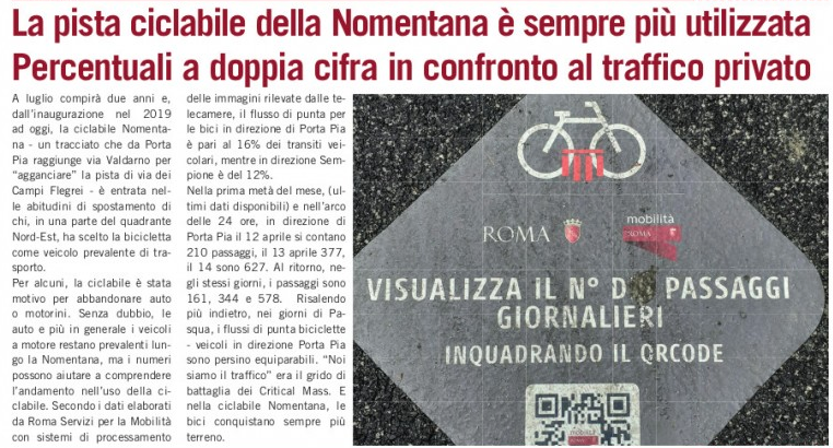 Secondo i dati elaborati da @romamobilita il flusso di punta per le bici sulla #CiclabileNomentana direzione Porta Pia è pari al 16% dei transiti veicolari. 16%!