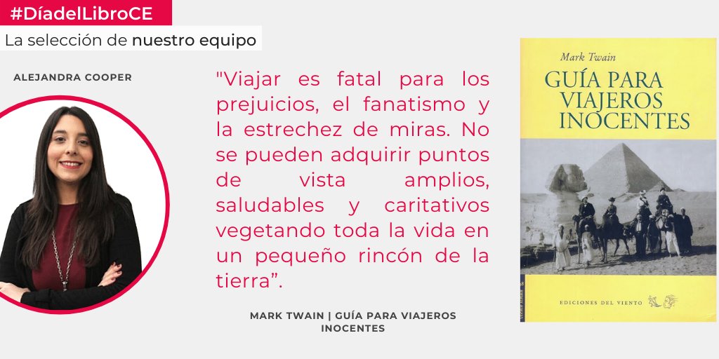 CE4reputation's tweet photo. 🗣 @alejandracooper nos invita a repensar las ideas sobre lo que significa viajar con la obra de Mark Twain "Guía para viajeros inocentes".

📚 Relata uno de los primeros viajes de la historia, en 1867 hacia desde Nueva York a Tierra Santa.

#DiadelLibroCE
#DiaDelLibro2021 https://t.co/7hKuxCl04g