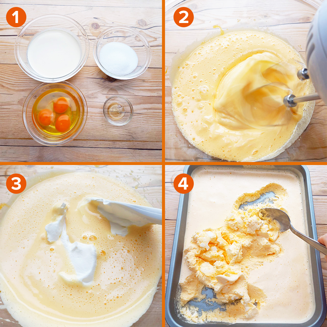 Tasty Japan 濃厚 自家製バニラアイス ボウルに生クリーム0mlを入れ8分立てにする 別のボウルに卵3個とグラニュー糖70gを3回に分けてもったりするまで泡立てる これらを合わせバニラエッセンスを加えてバットに流す 冷凍庫で2 3時間固めて全体を