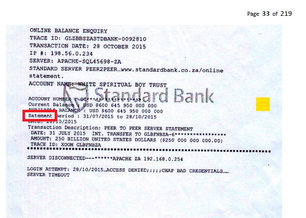 Here Fondse refers to a Standard Bank "satement" for the White Spiritual Boy Trust as proof of payment.(That is a weird spelling mistake on computer agenerated printout...)This same "satements" circulated on 4Chan in 2018 but with a "Five Star Trust" / Eliahi Priest watermark