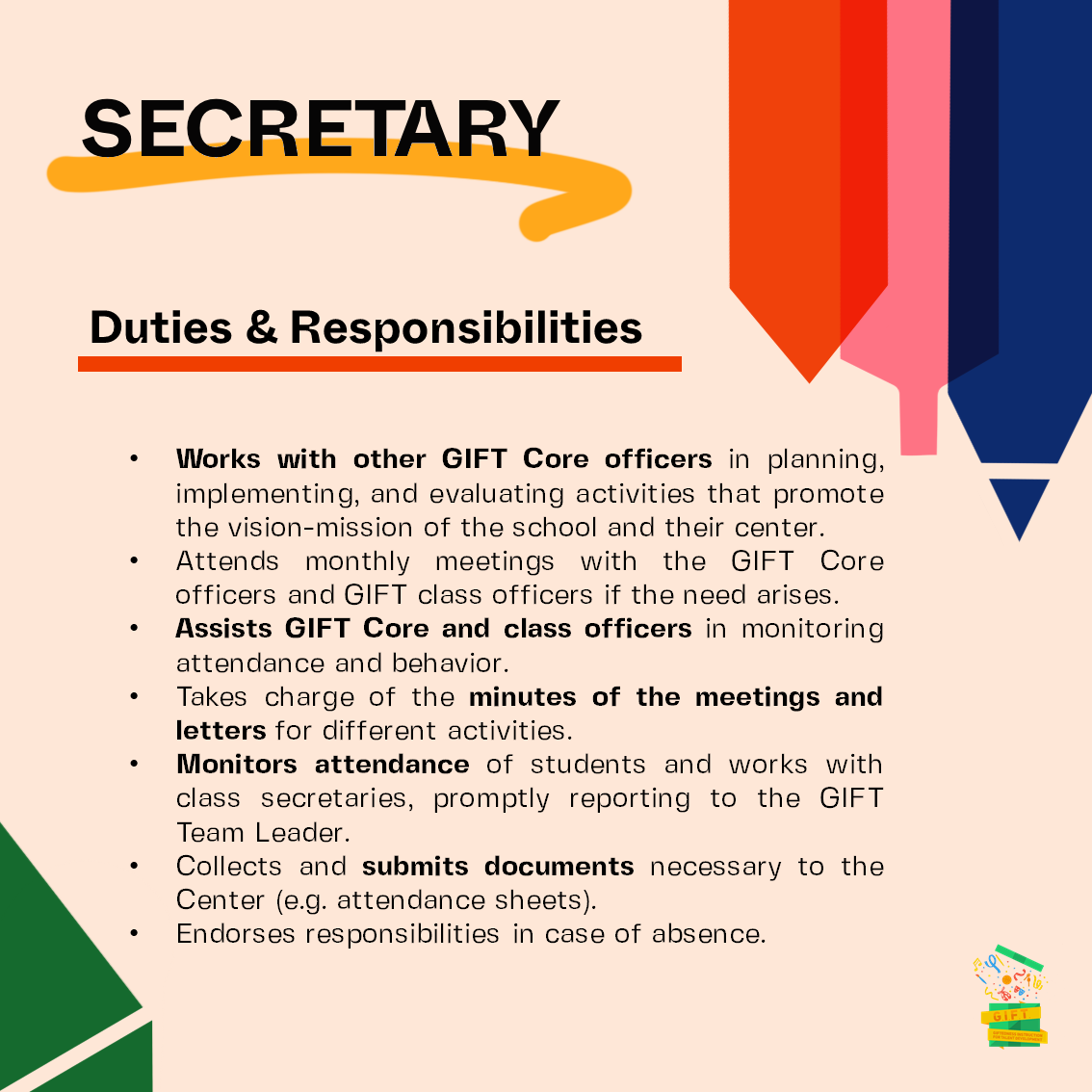 SPCPCulinary's tweet photo. Do you think you are capable of serving as your center’s SECRETARY? Here are the following responsibilities for the position. #ProudlyGIFT 🎁 https://t.co/Dx26mpU3ws