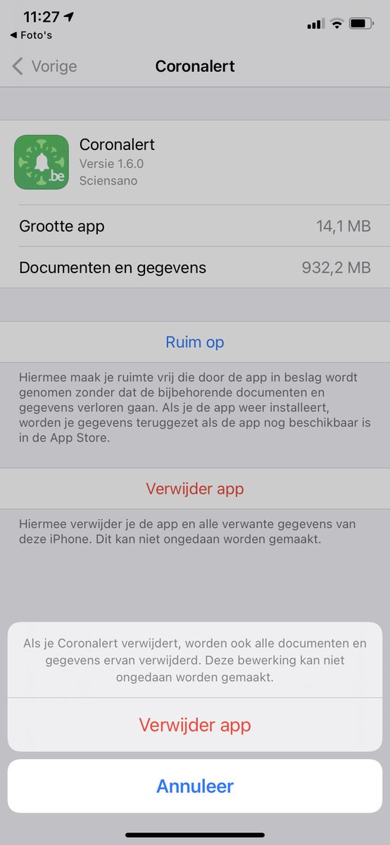 alexandradarch's tweet photo. Coronalert app neemt bijna 1 GB (!) beslag op mijn telefoon. Besloten deze dus te verwijderen. Functie van app ondermaats en moest plaats ruimen. https://t.co/SmXslbyxUi