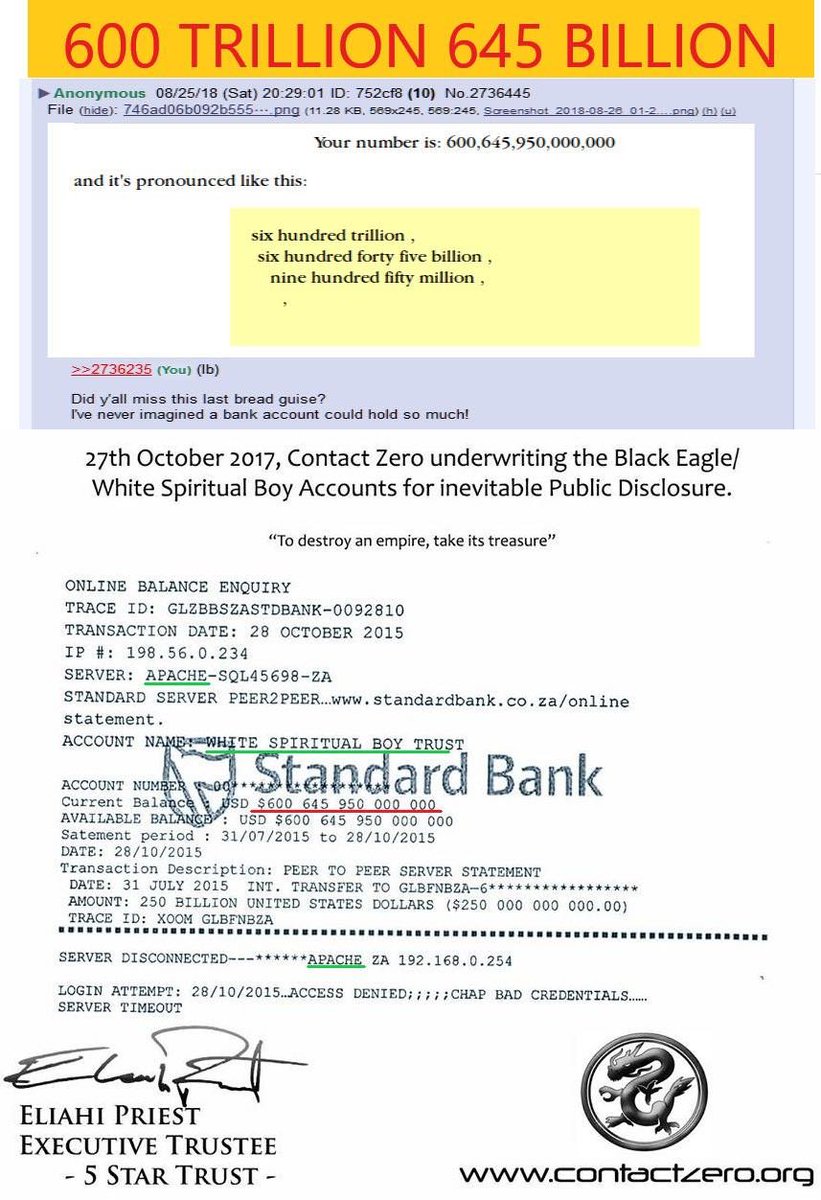 Here Fondse refers to a Standard Bank "satement" for the White Spiritual Boy Trust as proof of payment.(That is a weird spelling mistake on computer agenerated printout...)This same "satements" circulated on 4Chan in 2018 but with a "Five Star Trust" / Eliahi Priest watermark