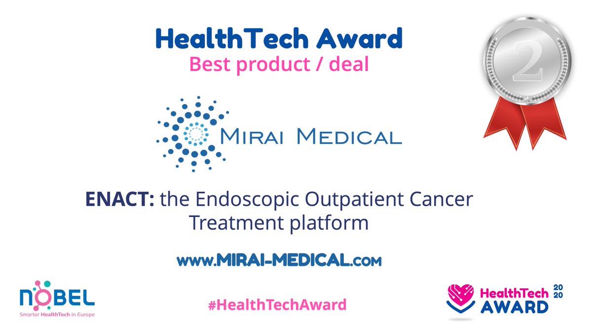 NOBEL_Project's tweet image. CONGRATULATIONS to @Mirai_Medical! Finalist &amp;amp; 2nd place of the #HealthTechAward for &quot;Best #product / deal&quot;! #ENACT is an #endoscopic platform using electrical pulses which can selectively treat #tumours mirai-medical.com
Organized by @NOBEL_Project
#HealthTech #MTF2021