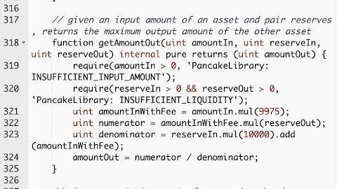 3/  So, what is the actual bug?The question comes down to: what changes from Pancake V1 to V2? Swap fees: 0.2%  0.25% Fee distribution to LPs, to dev addressBelow are the router __getAmountOut__ implementations (V1 & V2). The difference lies in the numbers.