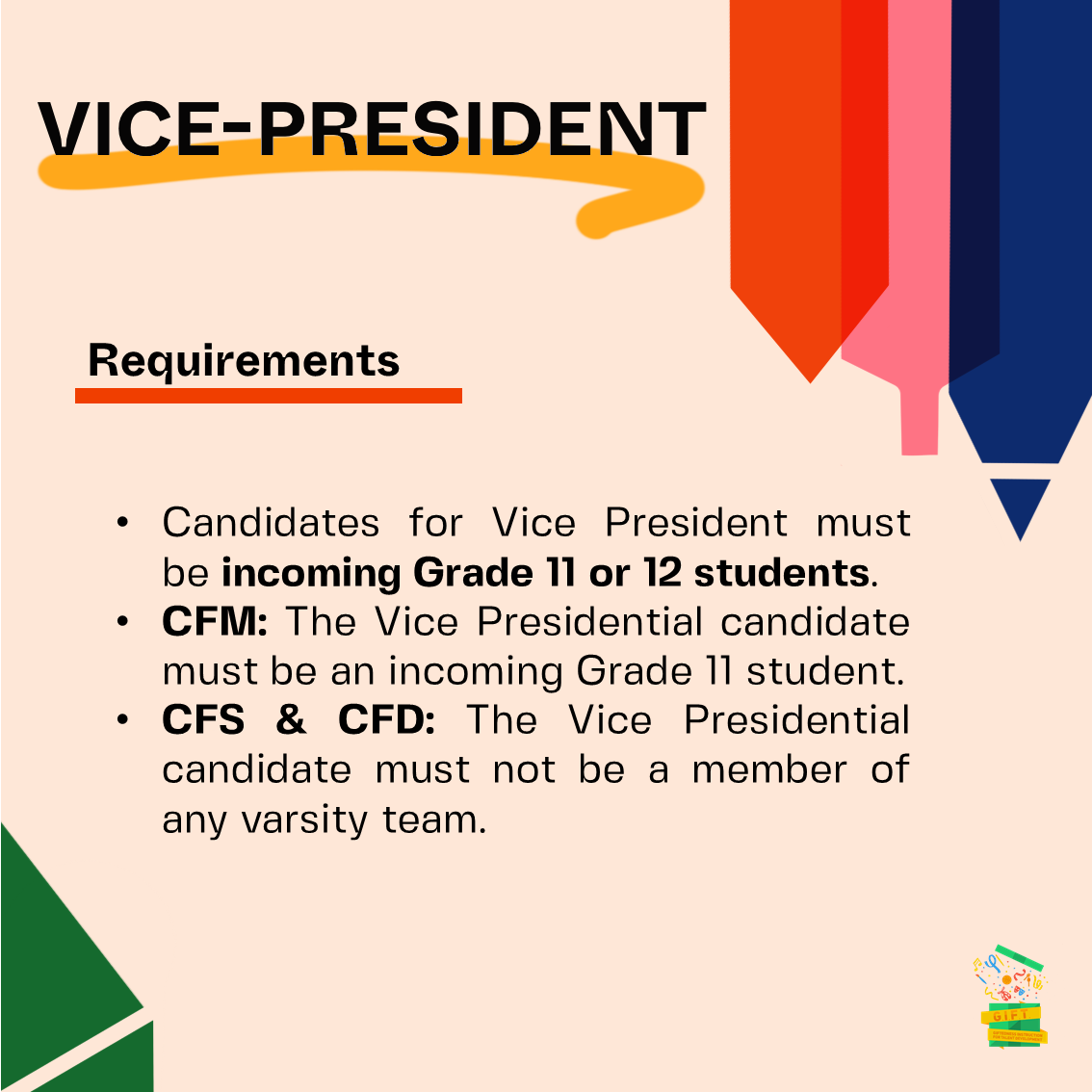 SPCPCulinary's tweet photo. Do you think you are capable of serving as your center’s VICE PRESIDENT? Here are the following responsibilities for the position. #ProudlyGIFT 🎁 https://t.co/Lr7YfBAjc8