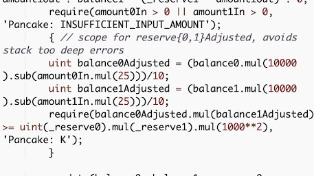 6/ So, __balance0Adjusted__ and __balance1Adjusted__ can have their actual values truncated, reverting the next __require__ statement when checked for the constant product monovariant.