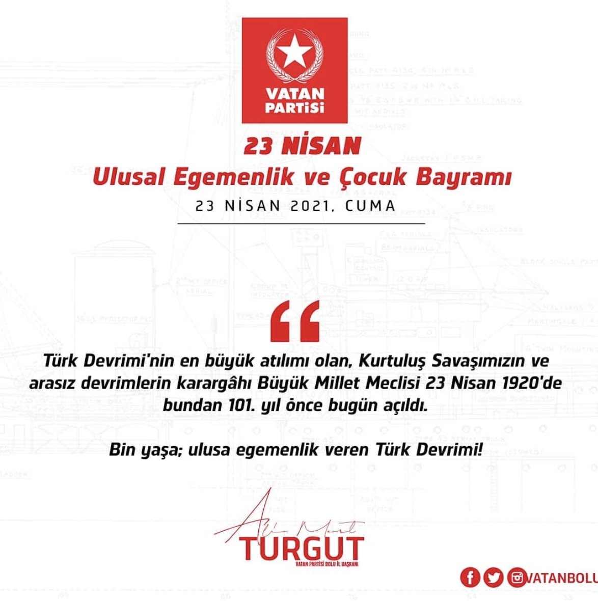 Türk Devrimi'nin en büyük atılımı olan, Kurtuluş Savaşımızın ve arasız devrimlerin karargâhı Büyük Millet Meclisi 23 Nisan 1920'de bundan 101. yıl önce bugün açıldı.

Bin yaşa; ulusa egemenlik veren Türk Devrimi!