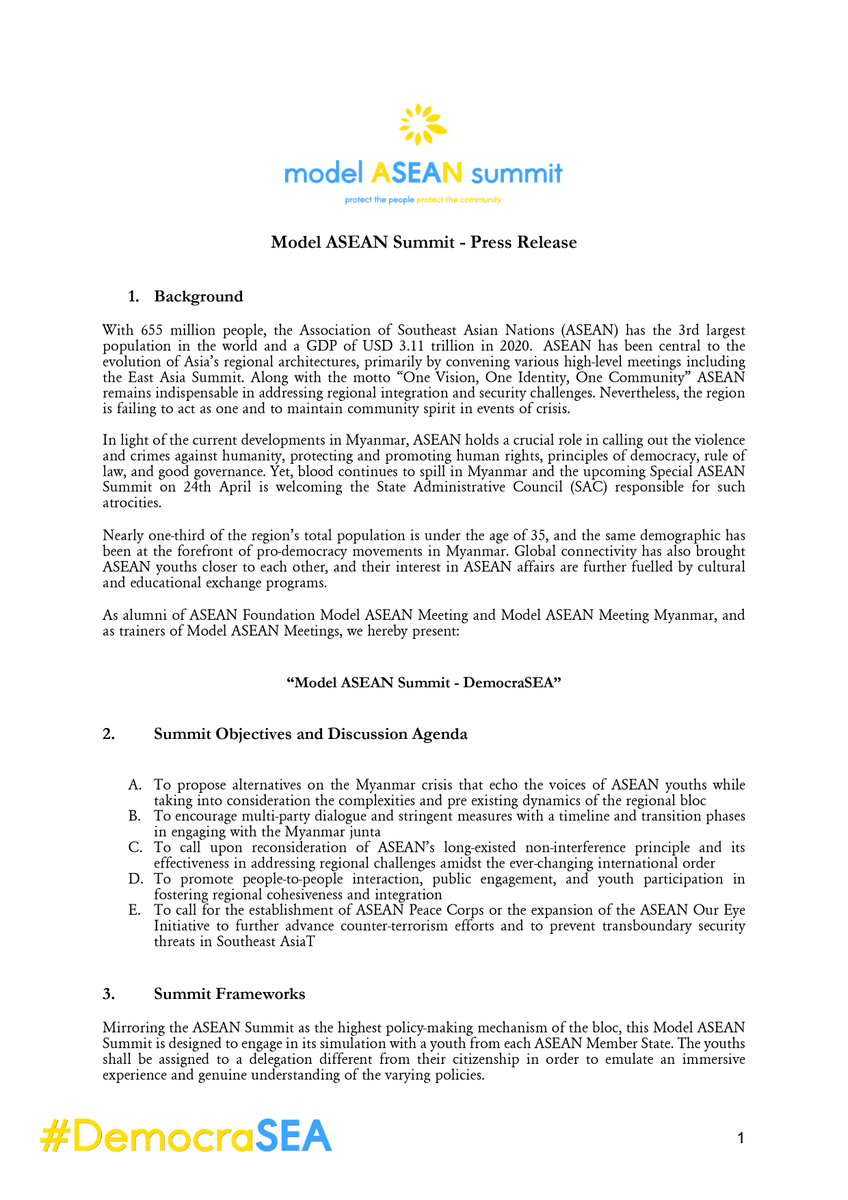 themovementmm's tweet photo. ASEAN youths are going to hold the  Model ASEAN Summit on Myanmar crisis on April 24th, the same day as the actual ASEAN Summit. #WhatsHappeningInMyanmar #ASEANSummit #DemocraSEA #ModelASEANSummit https://t.co/uLTuhGe4Fh