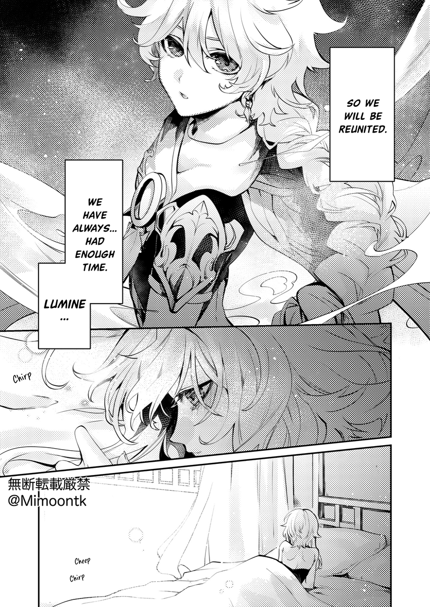 luIunna's tweet photo. 「 out of reach 」1/3
here is the english translation of M-san's (@Mimoontk) beautiful and heartfelt xiaolumi manga..! this definitely brought a couple tears to my eyes.. T T thank you for allowing me to translate it!
* contains archon quest spoilers, beware~
 #xiaolumi #魈蛍 https://t.co/MSwF0YNMJF