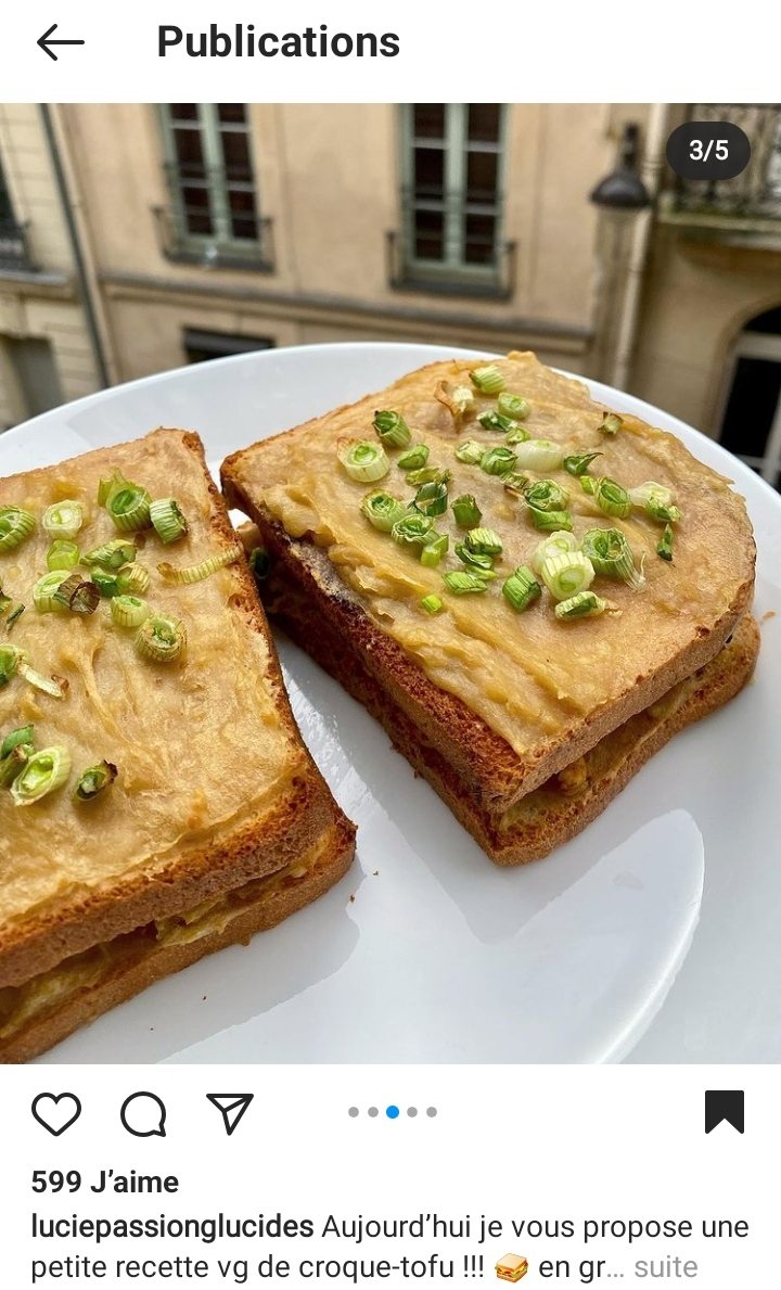 Et une autre recette que j'adore : un croque-monsieur au tofu (Photo : Instagram LuciePassionGlucides) :  https://www.instagram.com/p/CLZdUlgjAsZ/ 