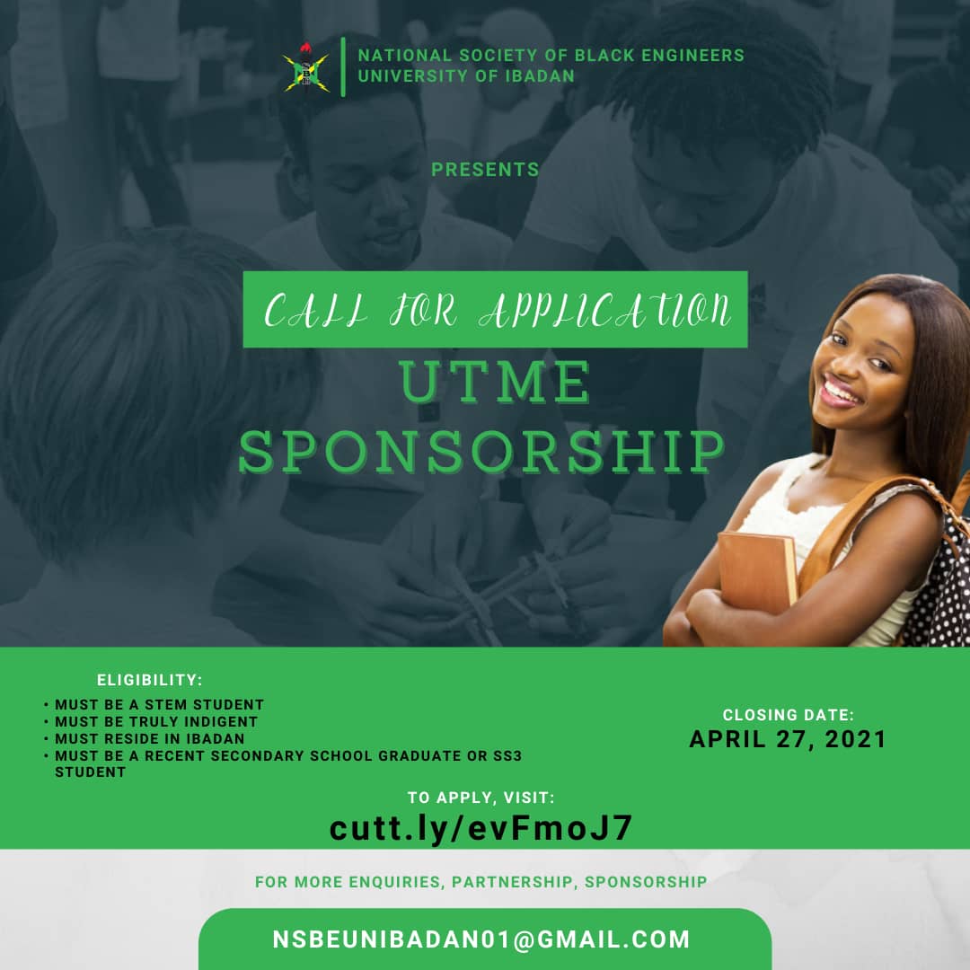 nsbe_ui's tweet photo. Call for Application🔊🔊🔊

This is to invite SS3 students and recent graduates, who are interested in studying STEM related courses, to apply for this UTME/JAMB examination scholarship. https://t.co/aXe5Tm9MJ3