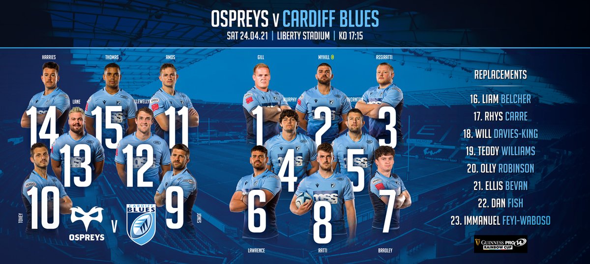 Here is the Cardiff Blues side to take on <a href="/ospreys/">Ospreys</a> in the Guinness PRO14 Rainbow Cup opener!

©️ Captain <a href="/kirby_myhill/">Kirby Myhill</a> leads
🚂 <a href="/owen_lane/">Owen Lane</a> links up with fellow academy graduate <a href="/maxllew9/">Max</a> in midfield
👏 Potential debuts from the bench for <a href="/Ellisbevy10/">Ellis</a>  and Immanuel Feyi-Waboso