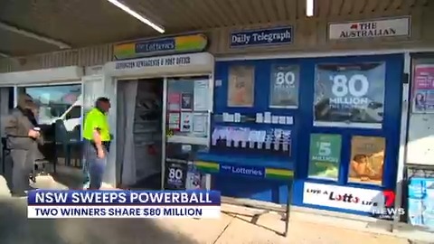 New South Wales has swept last night's Powerball jackpot with two winners splitting the $80 million prize.  A Campbelltown retiree bought her ticket from a Leppington newsagency after her grandson told her she was 'going to win the lotto' this week. #7NEWS https://t.co/D0sHcuGGnU