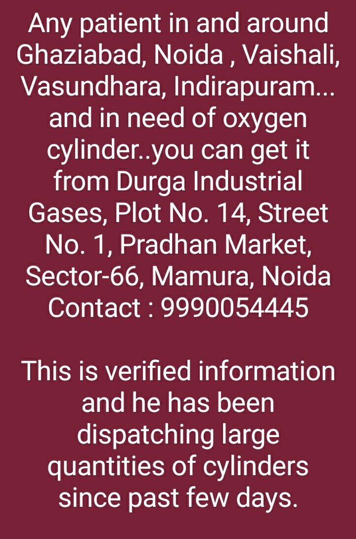 East- Delhi !!!
Oxygen Cylinders available in Noida, Ghaziabad, Vaishali, Vasundhara, Indirapuram Region 
#VerifiedInfo 
#CovidHelp 
#COVIDEmergency2021 
#DelhiNeedsOxygen