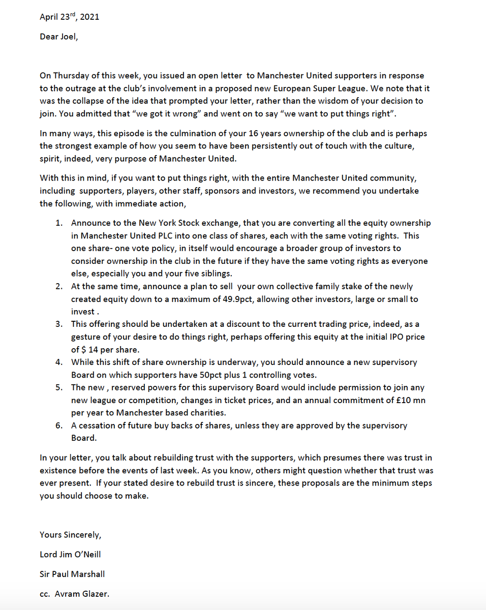 Letter from Jim O'Neill to Joel Glazer.