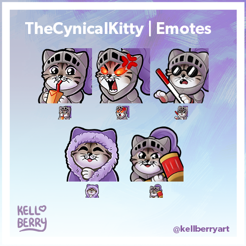 kellberryart's tweet photo. Emotes for @TheCynicalKitty 
Some cute Knight Kitties.

My commissions are OPEN! ✨https://t.co/LvzTW204gr

#artistsontwitter #emoteartist #twitchartist #kellberryart #commissionsopen https://t.co/JpZz2jrjvg