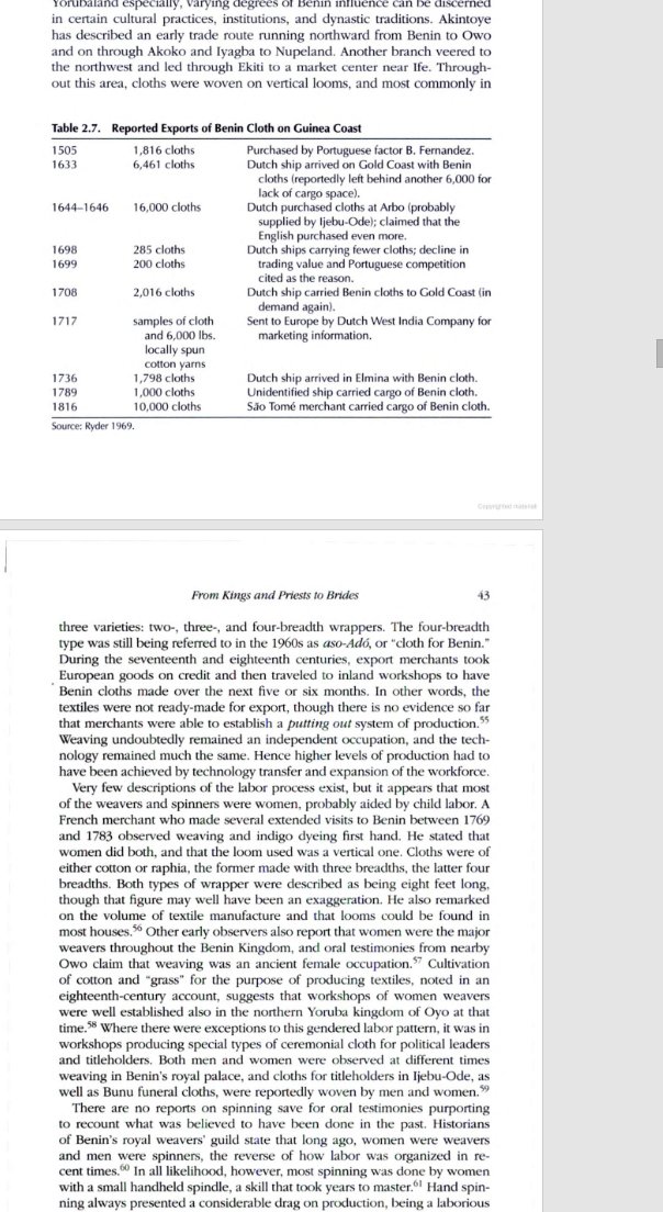 While most labor in textiles was free and most production subsistence the Benin textiles exported to other African states were from a royal monopoly worked by both women and men most likely enslavedbenin cloths were rexported along the coast and across the Atlantic til the 1700s