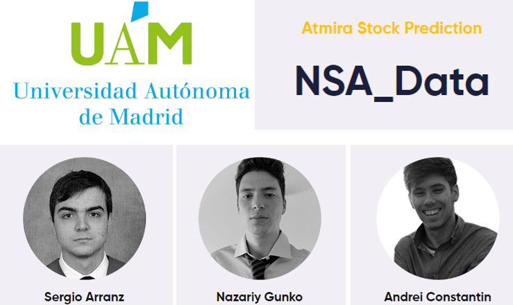 CajamarDataLab's tweet photo. Éstos son los finalistas del reto @atmira_oficial Stock Prediction de la #UniversityHack 2021: NSA_Data de @UAM_Madrid, PYSHARKS de @UniversidadVIU y MINERVA_TEAM de @unisevilla. Felicidades a los finalistas y muchas gracias a todos, cada año resulta más difícil la elección. https://t.co/M6mkj8tr3i